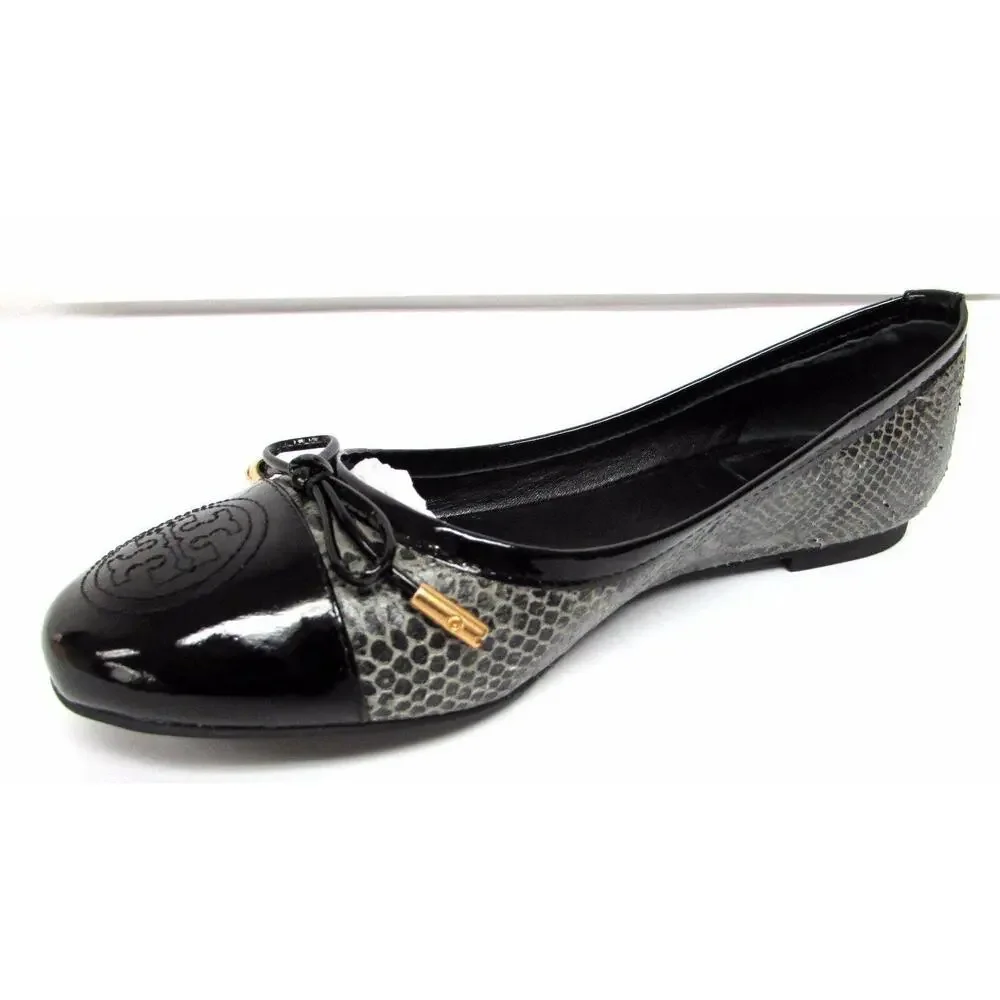 Tory Burch Black Patent and Gray Snake-Print Ballet Flat